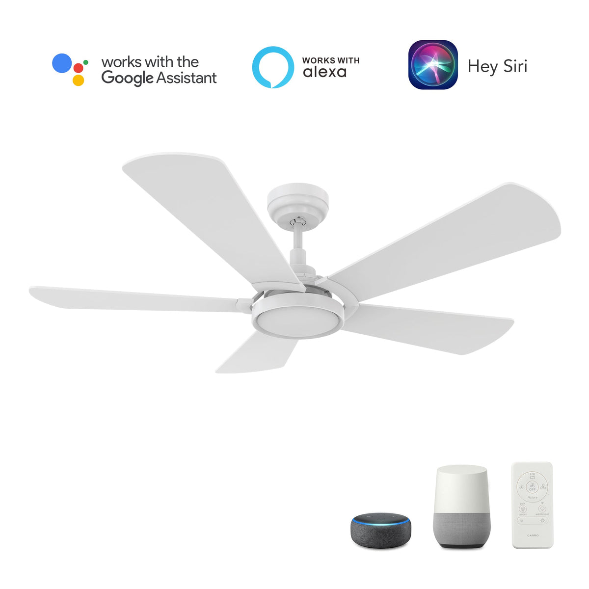 Carro Home BRISA 52 inch 5-Blade Smart Ceiling Fan with LED Light Kit & Remote Control- White/White