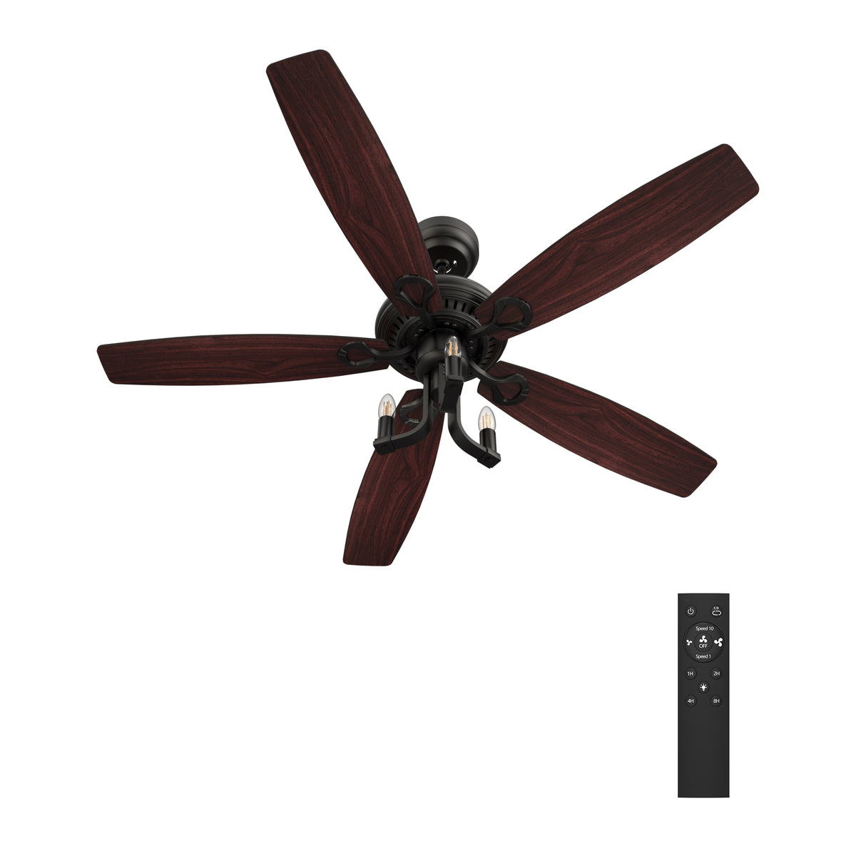 Carro HUNTLEY 52 inch 5-Blade Vintage Candelabra Ceiling Fan with Light & Remote Control - Black/Brown Wood & Rosewood (Reversible Blades)