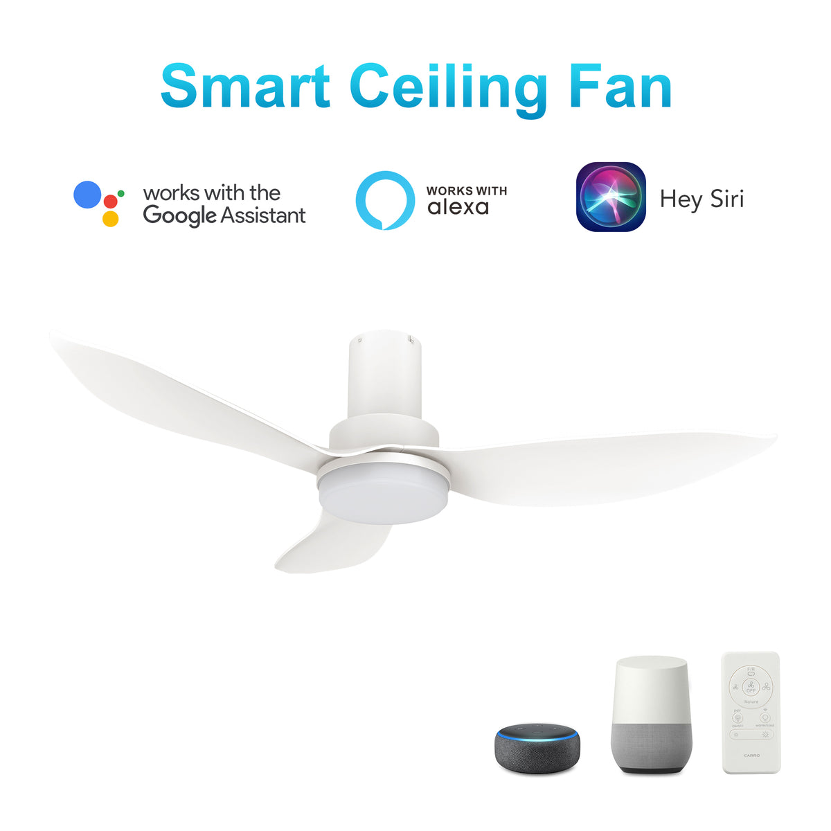 Carro RYNA 36 inch 3-Blade Flush Mount Smart Ceiling Fan with LED Light Kit & Remote- White/White