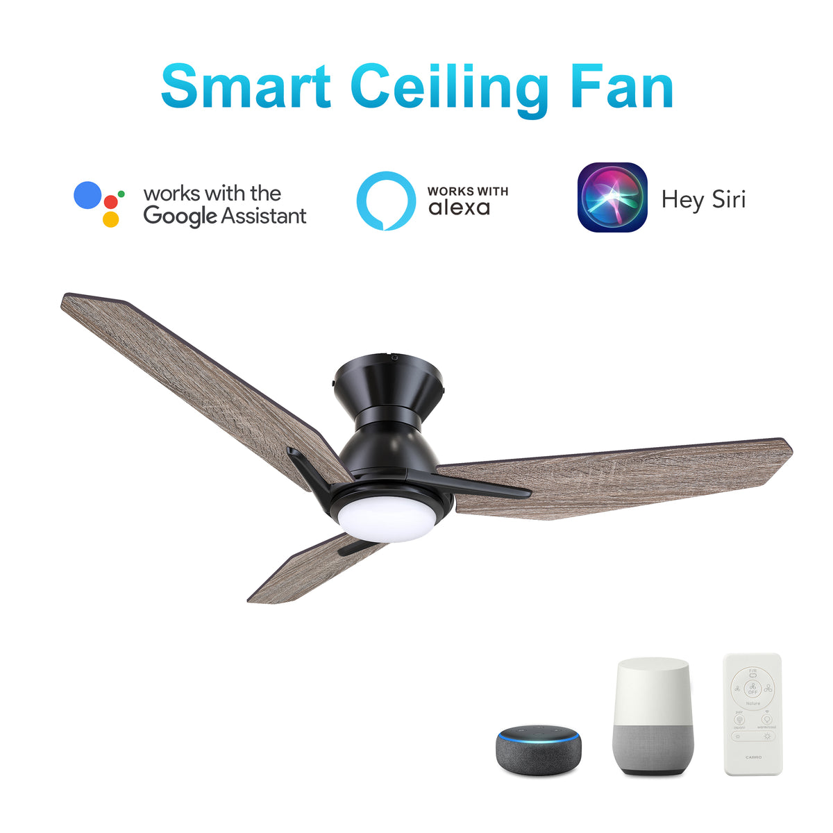 Carro CALEN 44 inch 3-Blade Flush Mount Smart Ceiling Fan with LED Light Kit & Remote Control- Black/Natural Oak