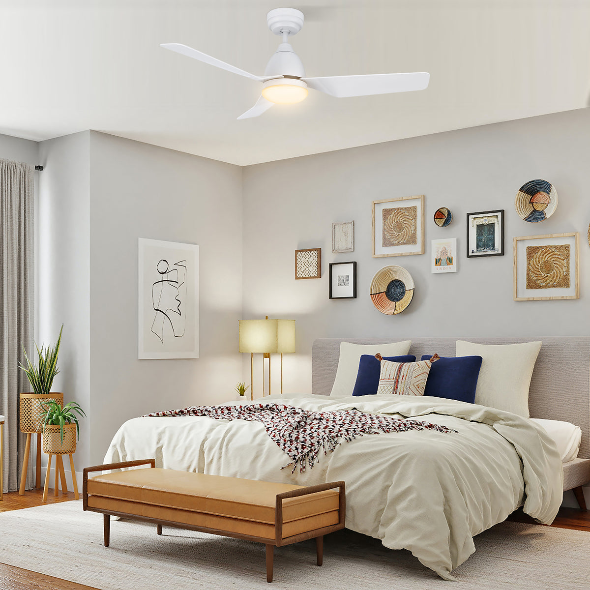 Carro Home ROQUE 44 inch 3-Blade Smart Ceiling Fan with LED Light Kit & Remote - White/White