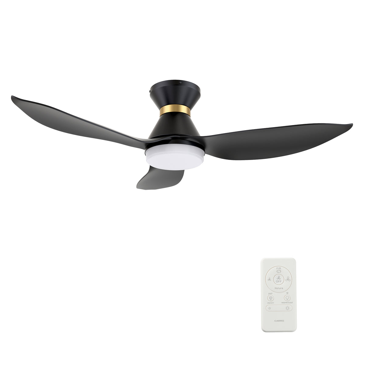 Carro RYATT 45 inch 3-Blade Flush Mount Smart Ceiling Fan with LED Light Kit & Remote- Black/Black (Gold Detail)