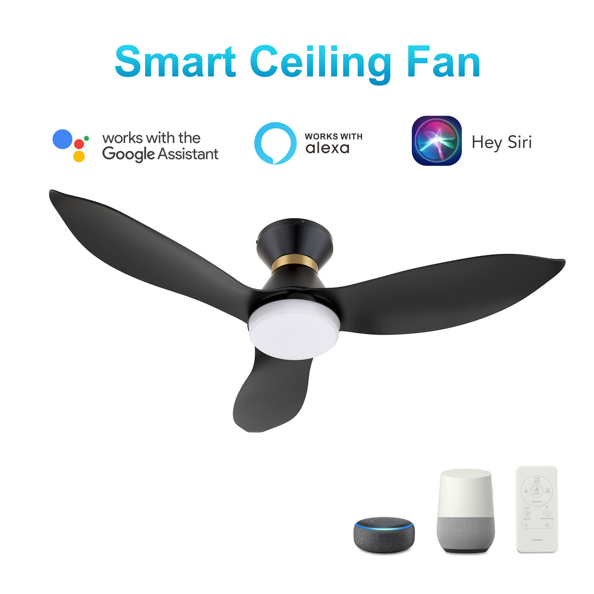 Carro RYATT 45 inch 3-Blade Flush Mount Smart Ceiling Fan with LED Light Kit & Remote- Black/Black (Gold Detail)