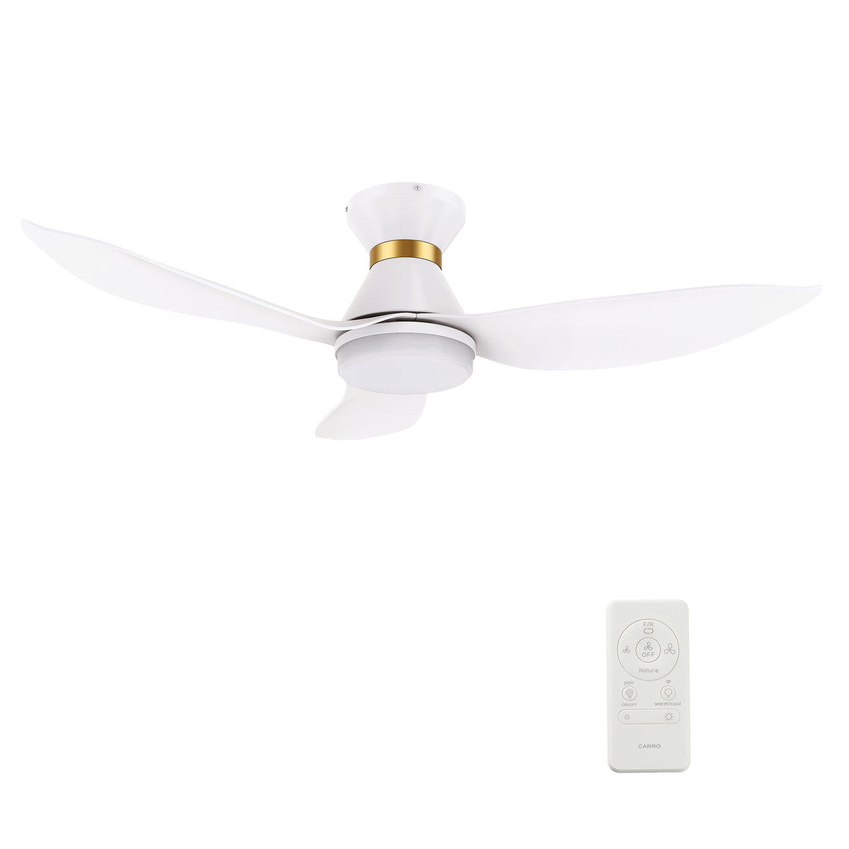 Carro RYATT 45 inch 3-Blade Flush Mount Smart Ceiling Fan with LED Light Kit & Remote- White/White (Gold Detail)