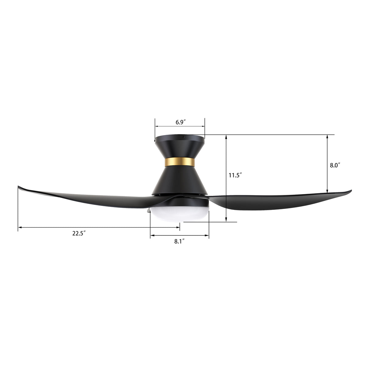 Carro RYATT 45 inch 3-Blade Flush Mount Smart Ceiling Fan with LED Light Kit & Remote- Black/Black (Gold Detail)