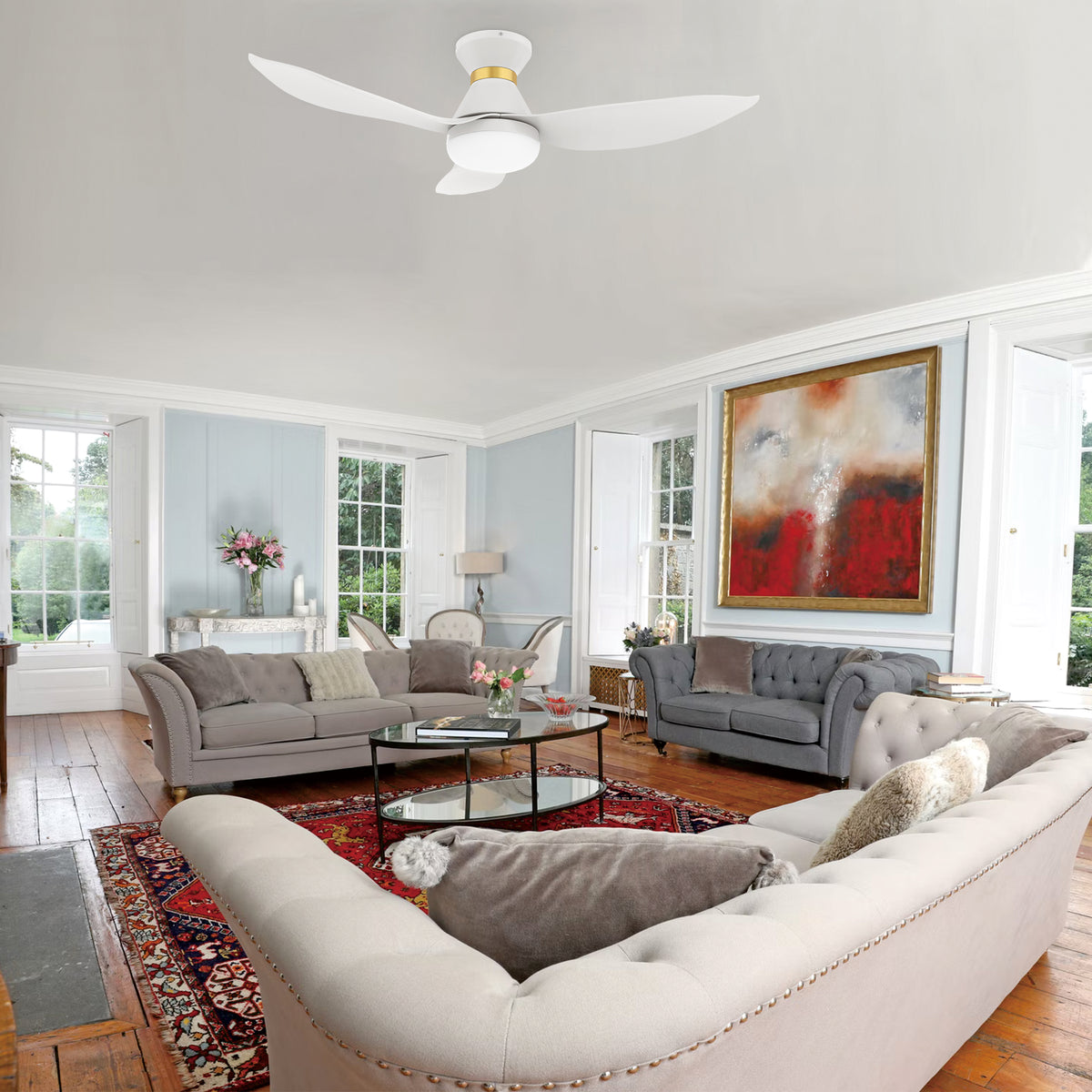 Carro RYATT 45 inch 3-Blade Flush Mount Smart Ceiling Fan with LED Light Kit & Remote- White/White (Gold Detail)