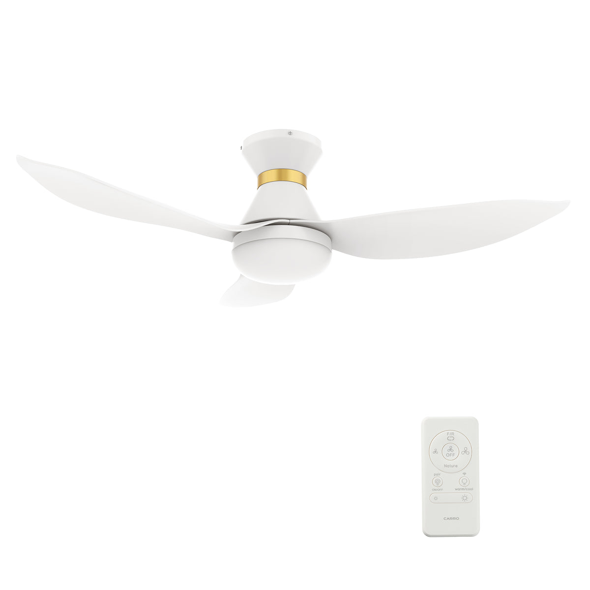 Carro RYATT 45 inch 3-Blade Flush Mount Smart Ceiling Fan with LED Light Kit & Remote- White/White (Gold Detail)