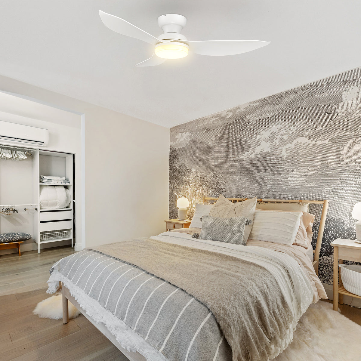 Carro UPTON 45 inch 3-Blade Flush Mount Smart Ceiling Fan with LED Light Kit & Remote- White/White