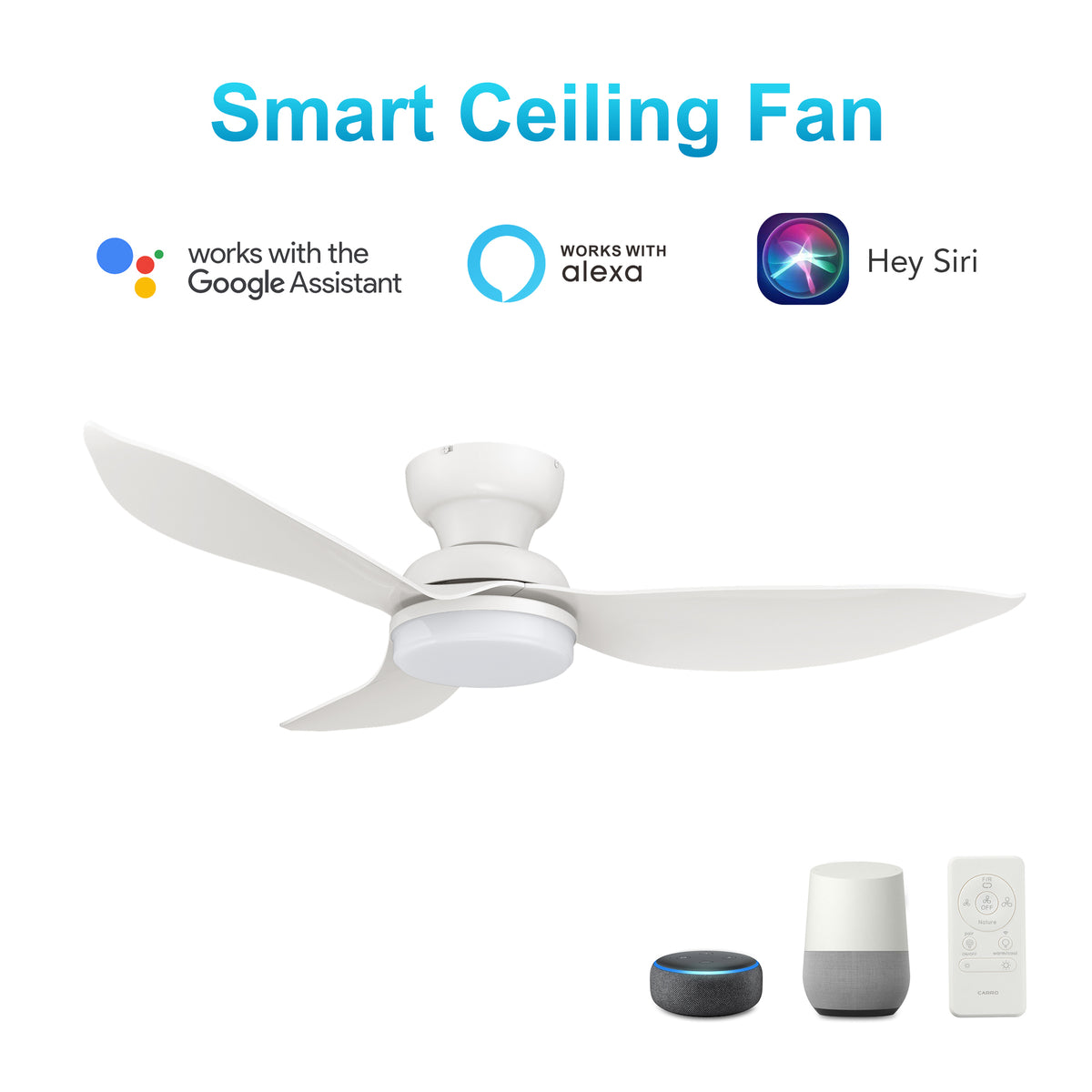 Carro UPTON 45 inch 3-Blade Flush Mount Smart Ceiling Fan with LED Light Kit & Remote- White/White