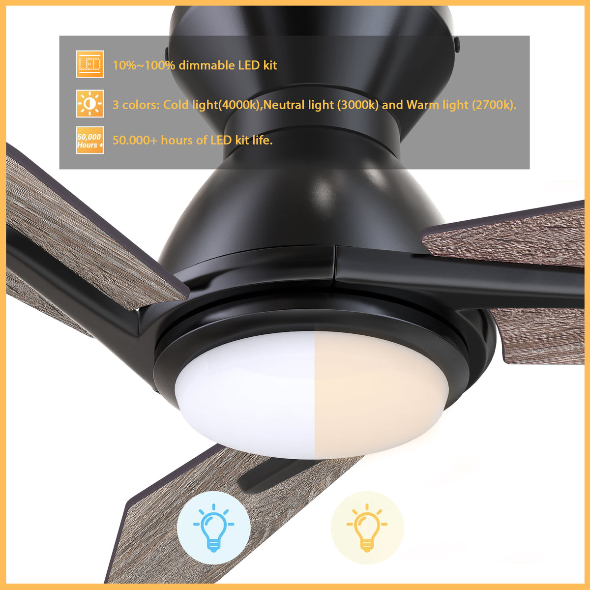 Carro CALEN 48 inch 3-Blade Flush Mount Smart Ceiling Fan with LED Light Kit & Remote Control- Black/Barnwood