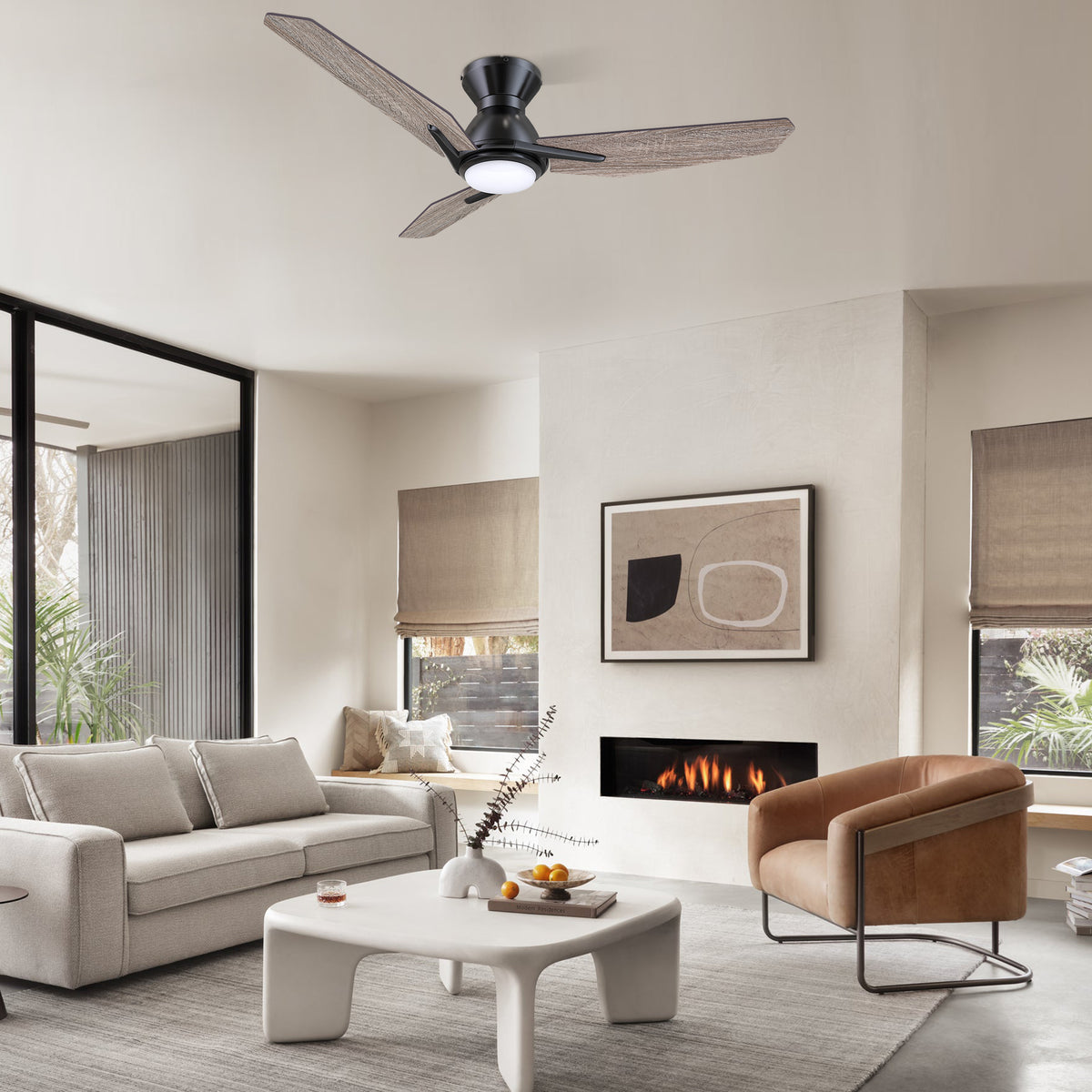 Carro CALEN 48 inch 3-Blade Flush Mount Smart Ceiling Fan with LED Light Kit & Remote Control- Black/Barnwood