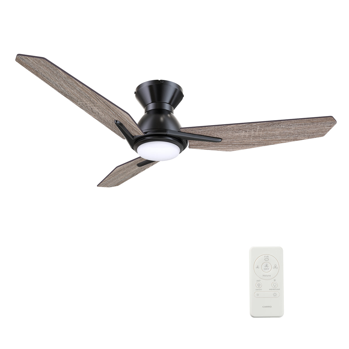 Carro CALEN 48 inch 3-Blade Flush Mount Smart Ceiling Fan with LED Light Kit & Remote Control- Black/Barnwood