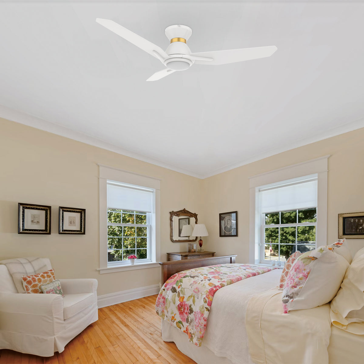 Carro CALEN 48 inch 3-Blade Flush Mount Smart Ceiling Fan with LED Light Kit & Remote Control- White/White (Gold Detail)