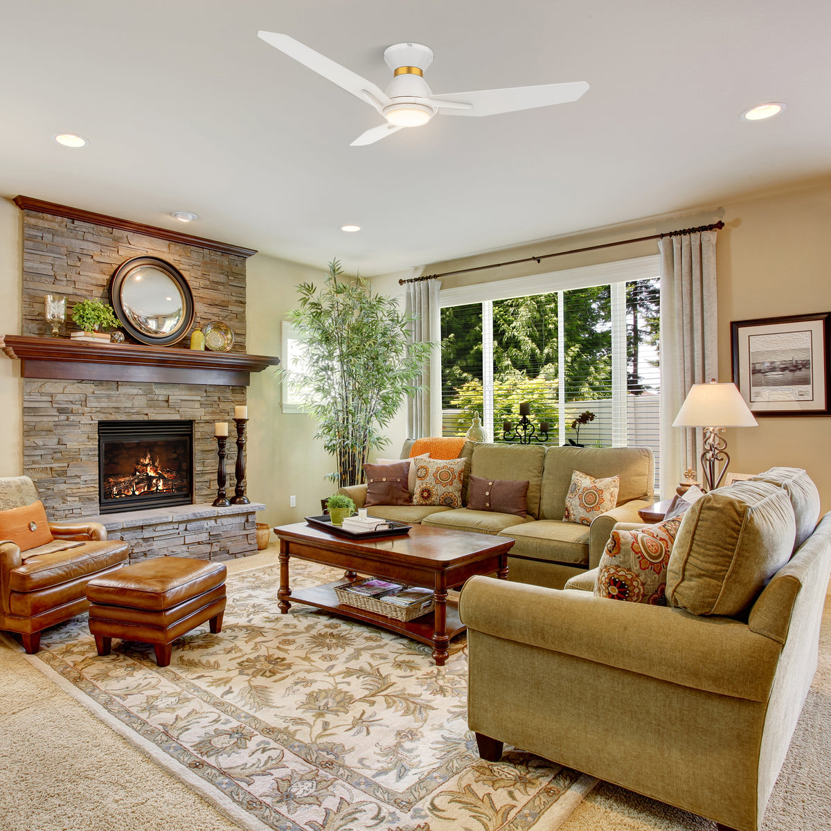 Carro CALEN 48 inch 3-Blade Flush Mount Smart Ceiling Fan with LED Light Kit & Remote Control- White/White (Gold Detail)