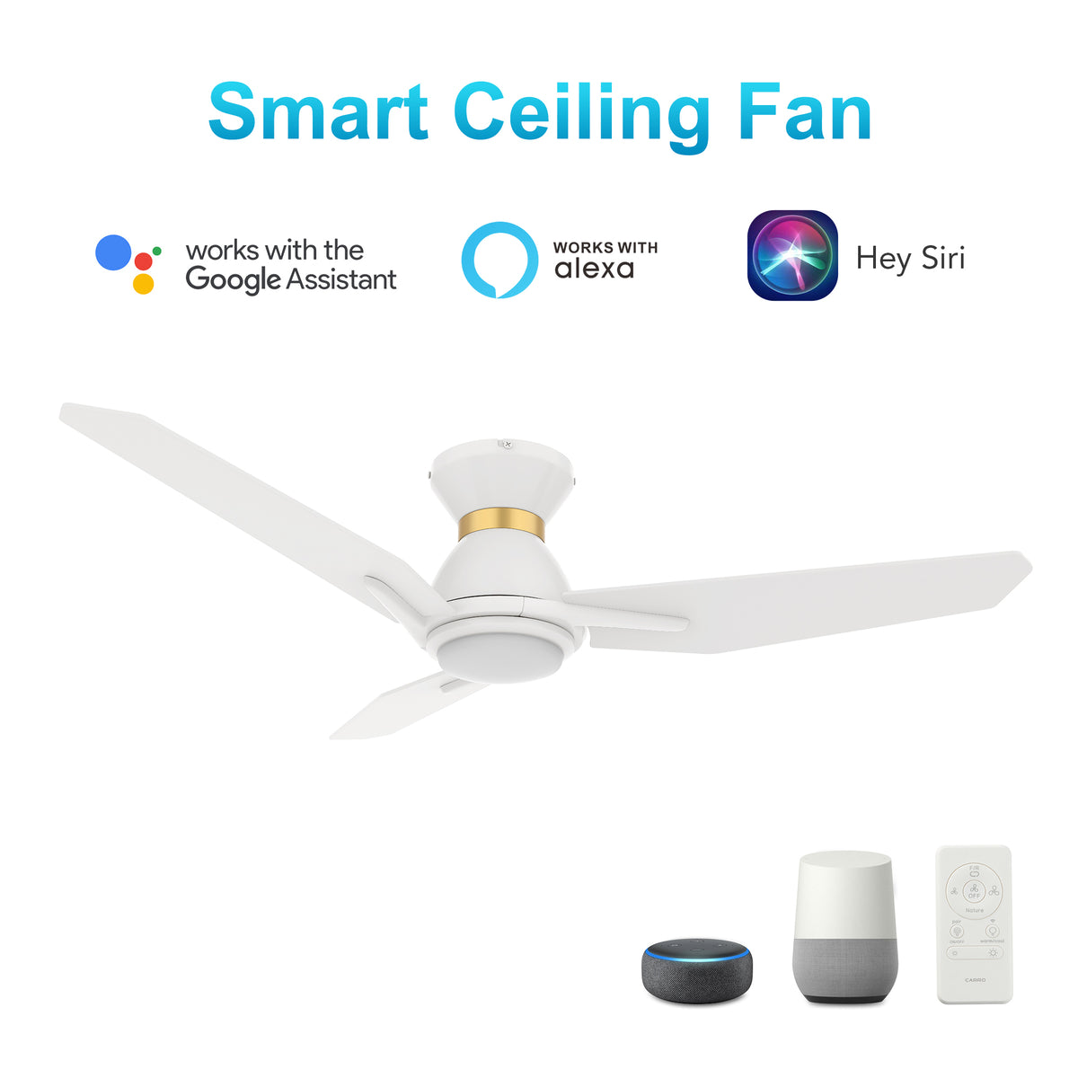 Carro CALEN 48 inch 3-Blade Flush Mount Smart Ceiling Fan with LED Light Kit & Remote Control- White/White (Gold Detail)