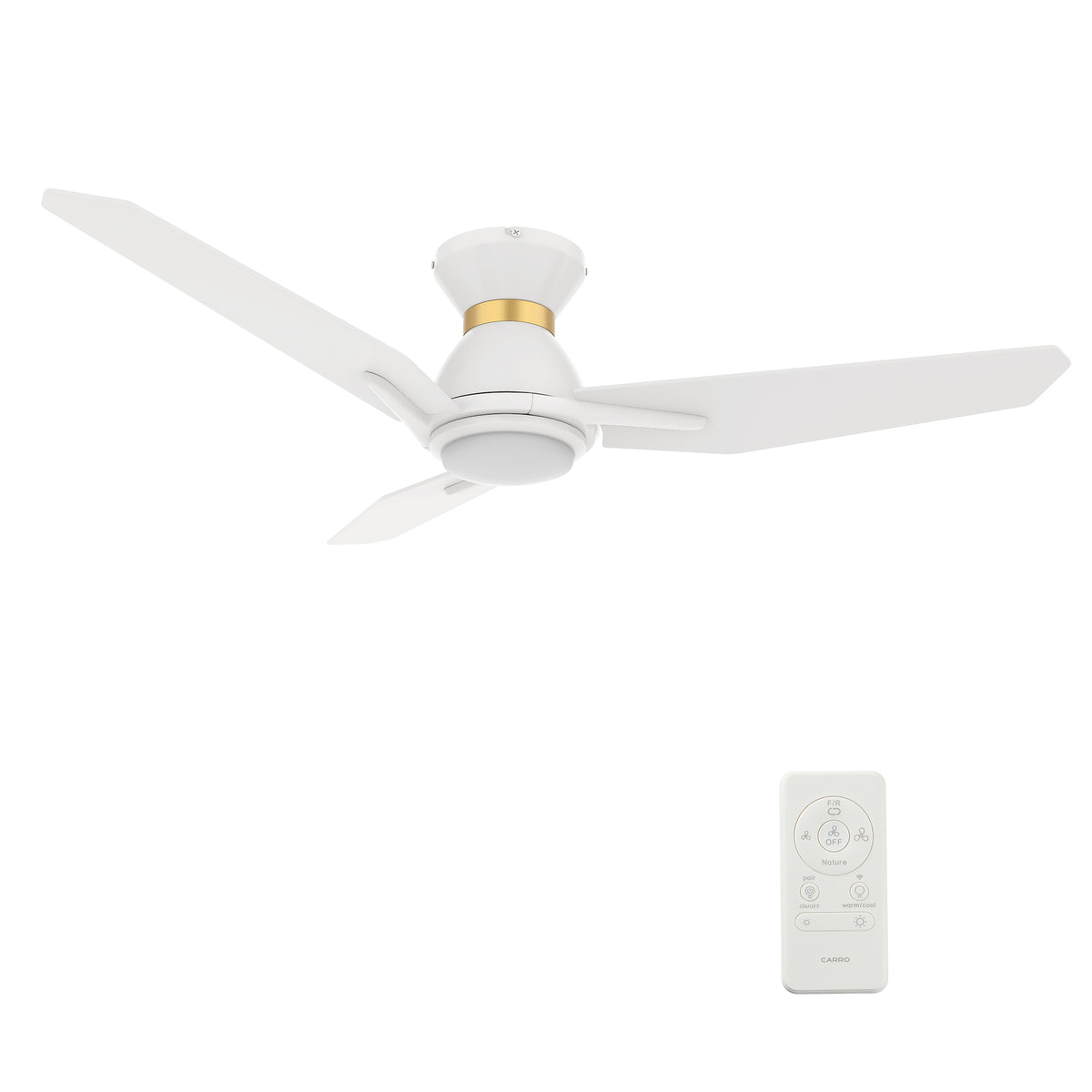 Carro CALEN 48 inch 3-Blade Flush Mount Smart Ceiling Fan with LED Light Kit & Remote Control- White/White (Gold Detail)