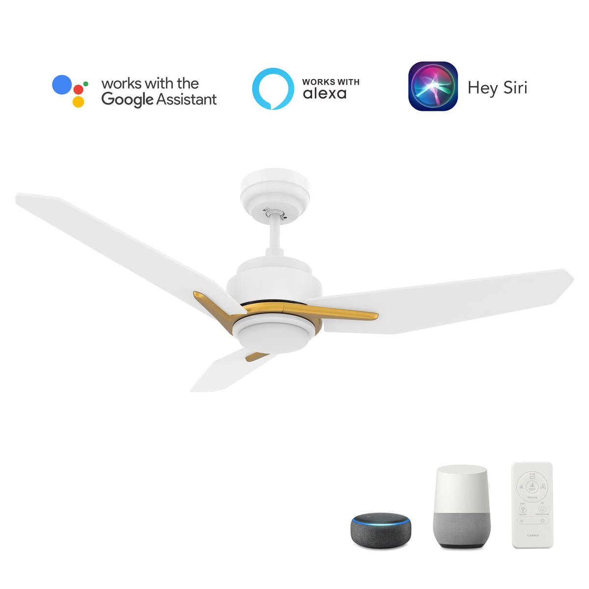 CALEN 48 inch 3-Blade Smart Ceiling Fan with LED Light Kit & Remote Control- White/White (Gold Detail)