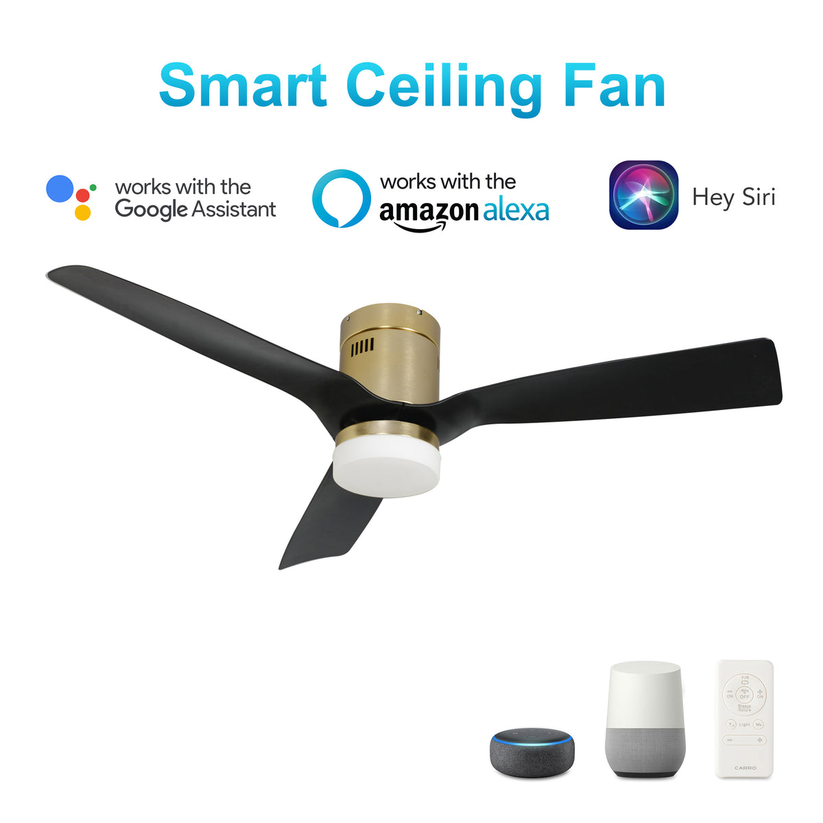 Carro USA SPEZIA 48 inch 3-Blade Flush Mount Smart Ceiling Fan with LED Light Kit & Remote - Gold/Black fan blades