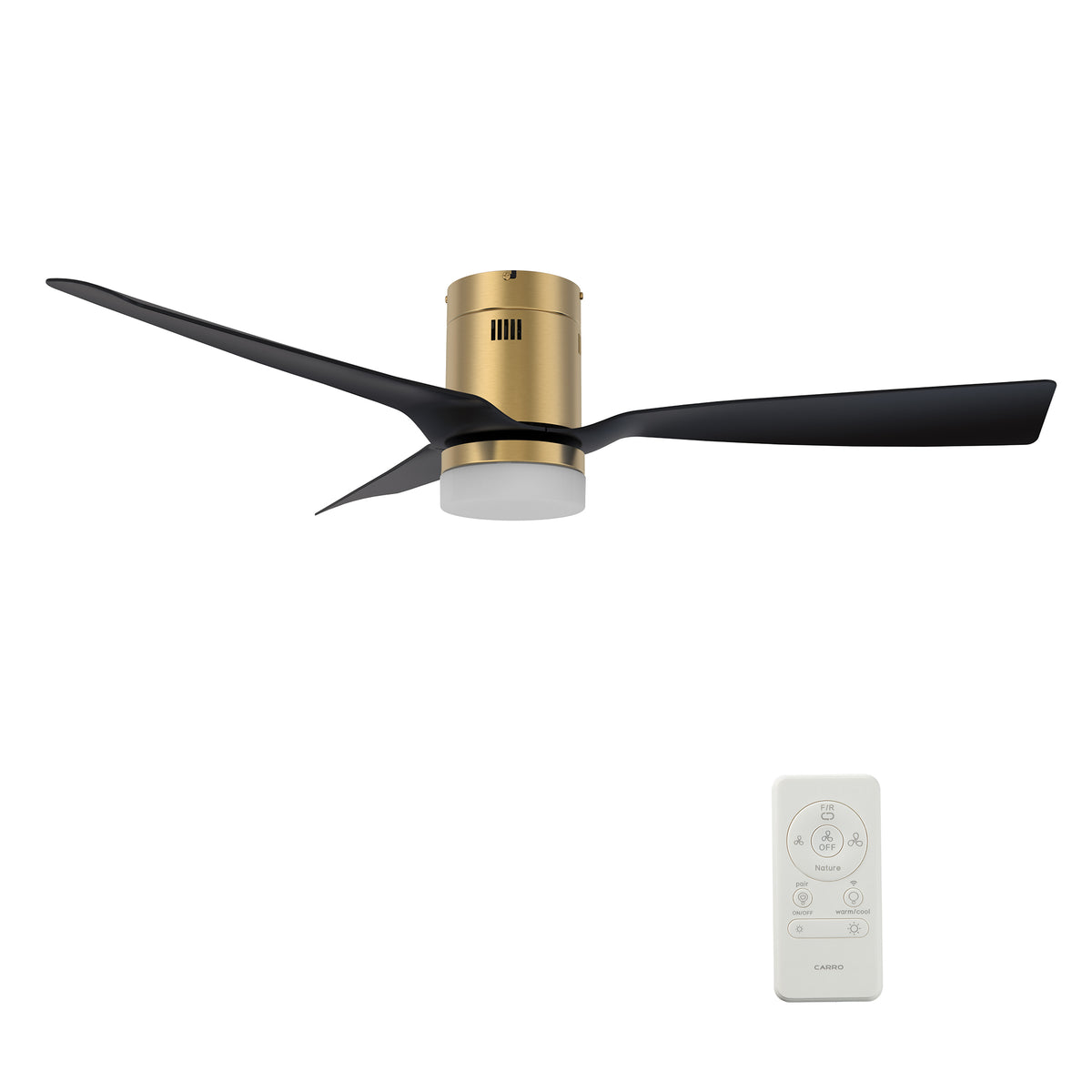 Carro USA SPEZIA 48 inch 3-Blade Flush Mount Smart Ceiling Fan with LED Light Kit & Remote - Gold/Black fan blades
