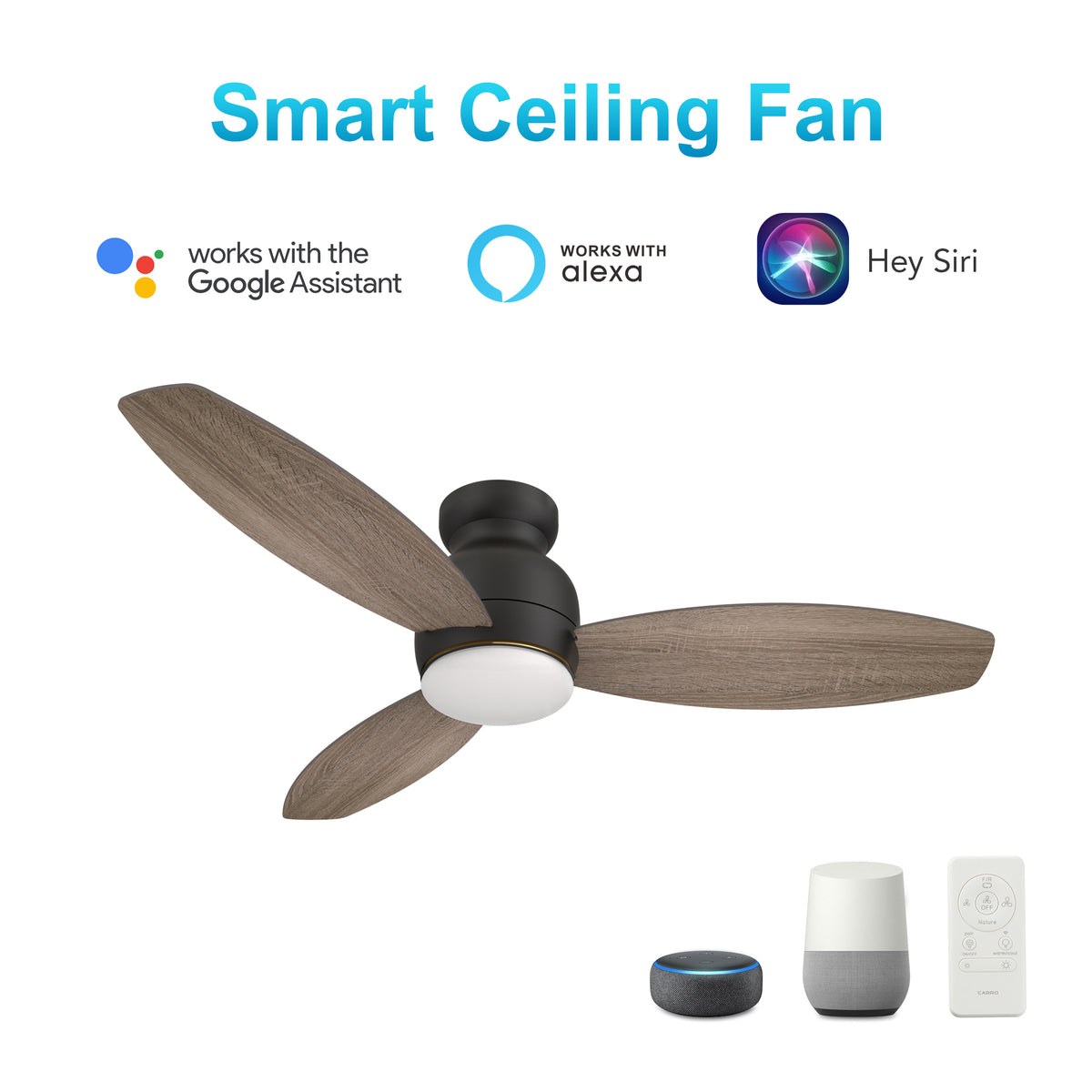 Carro Home TRENTO 48 inch 3-Blade Smart Ceiling Fan with LED Light Kit & Remote- Black/Dark & Light Wood (Reversible Blades)