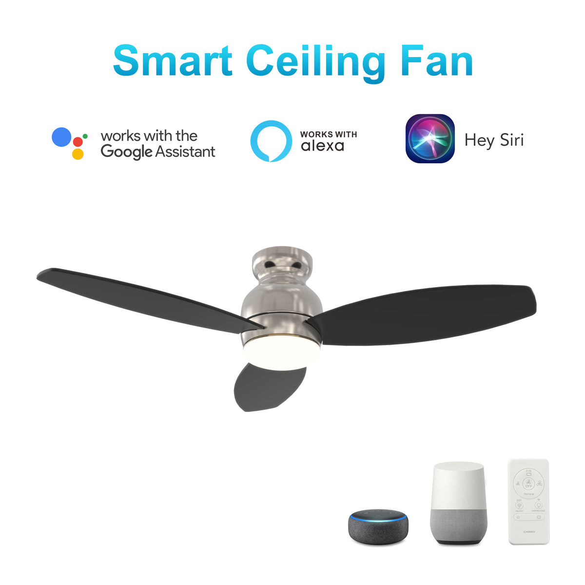Carro Home TRENTO 48 inch 3-Blade Flush Mount Smart Ceiling Fan with LED Light Kit & Remote- Silver/Black blades