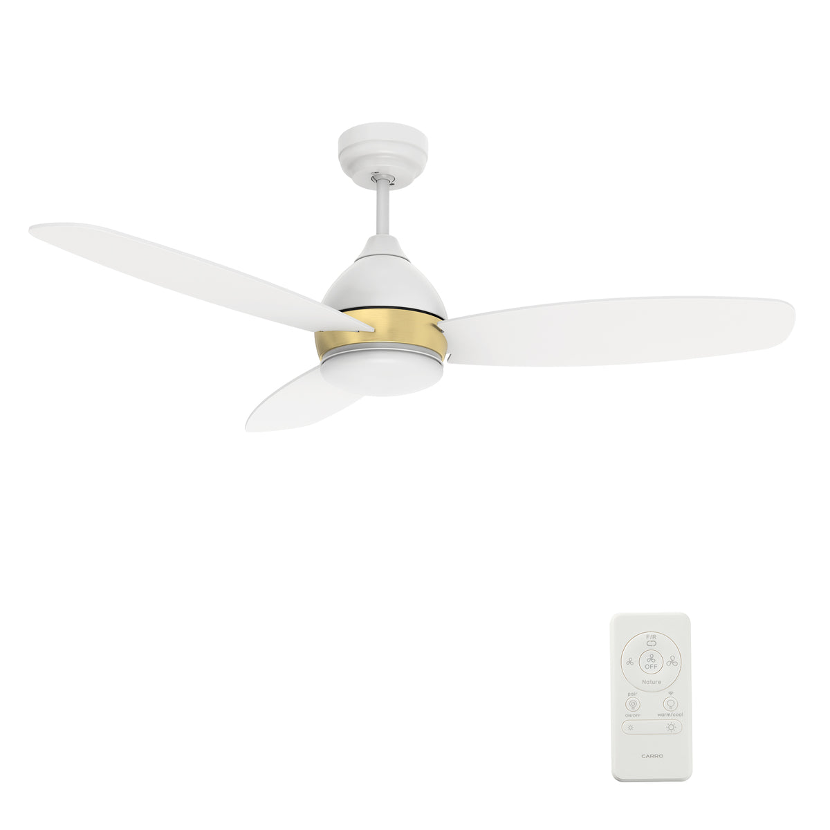 Carro HOBART 52 inch 3-Blade Smart Ceiling Fan with LED Light Kit & Remote- White/White (Gold Detail)