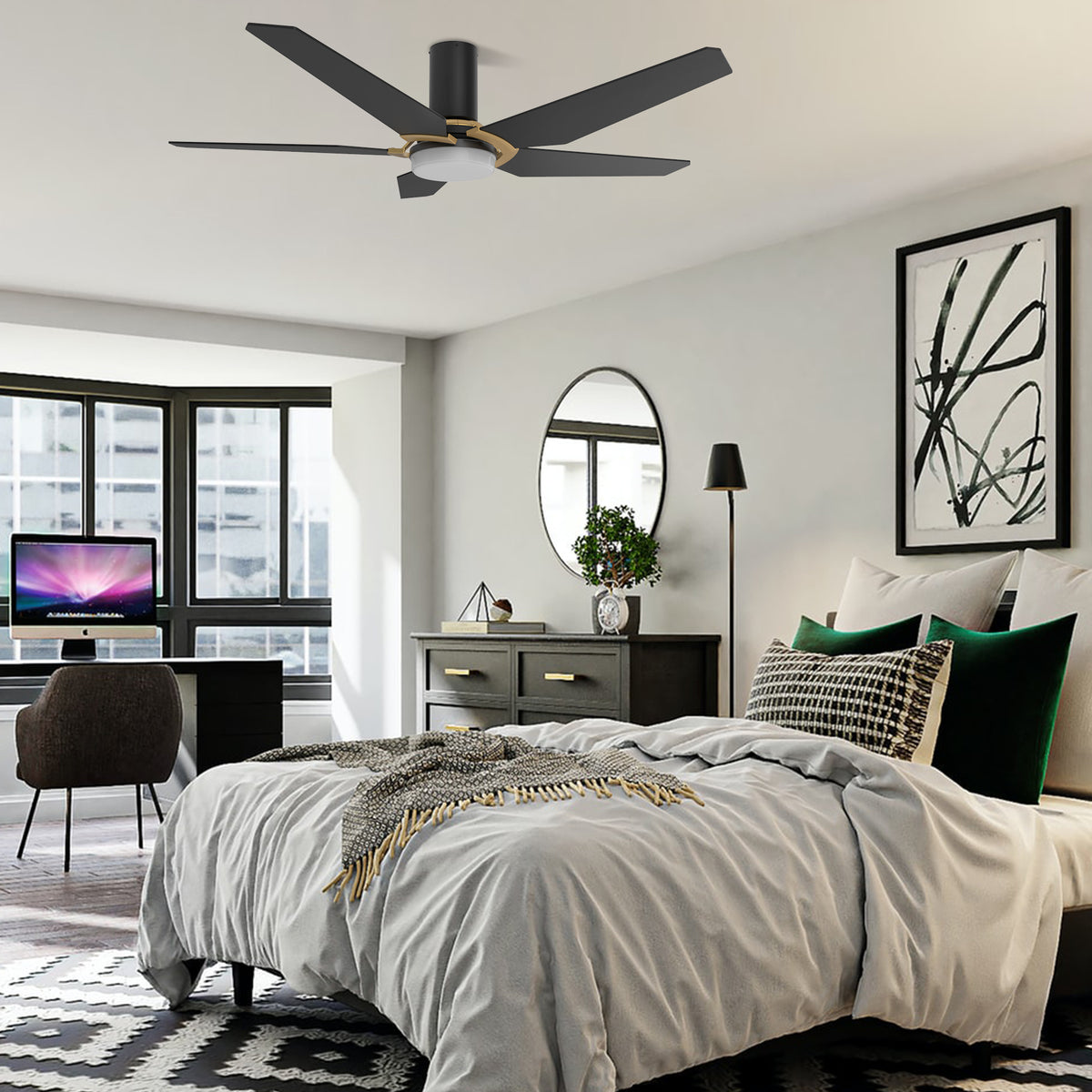 Carro WOODROW 48 inch 5-Blade Flush Mount Smart Ceiling Fan with LED Light Kit & Remote - Black/Black (Gold Detail)
