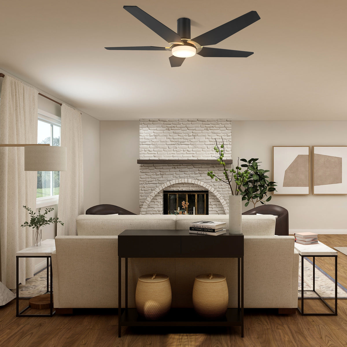 Carro WOODROW 48 inch 5-Blade Flush Mount Smart Ceiling Fan with LED Light Kit & Remote - Black/Black (Gold Detail)