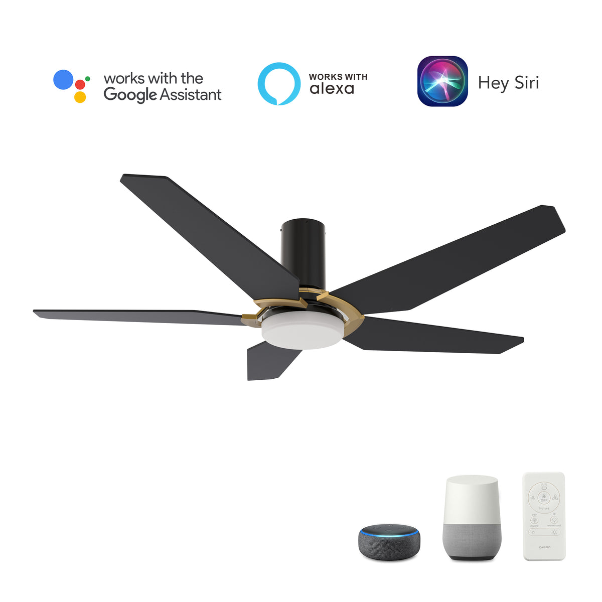 Carro WOODROW 48 inch 5-Blade Flush Mount Smart Ceiling Fan with LED Light Kit & Remote - Black/Black (Gold Detail)