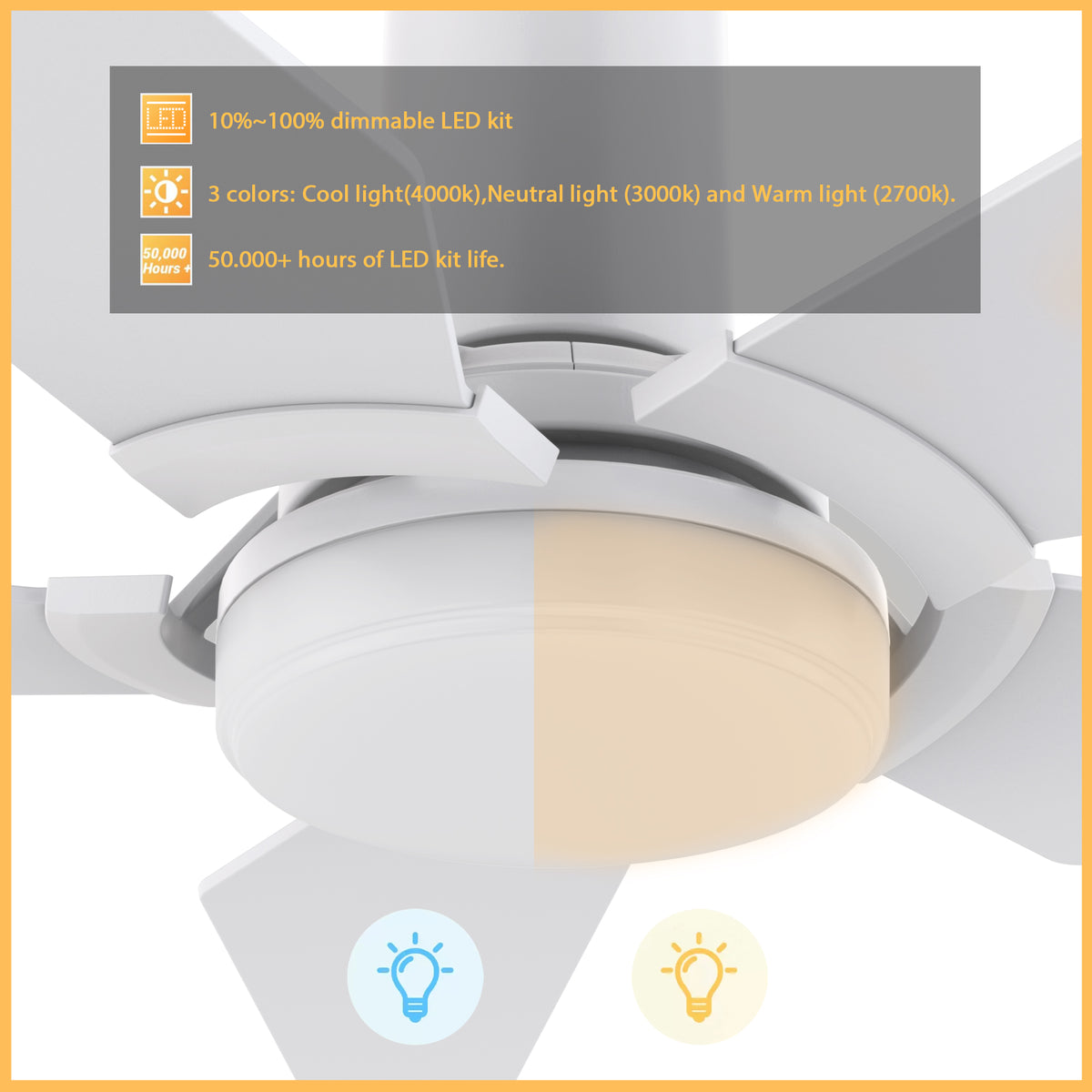 Carro WOODROW 48 inch 5-Blade Flush Mount Smart Ceiling Fan with LED Light Kit & Remote - White/White