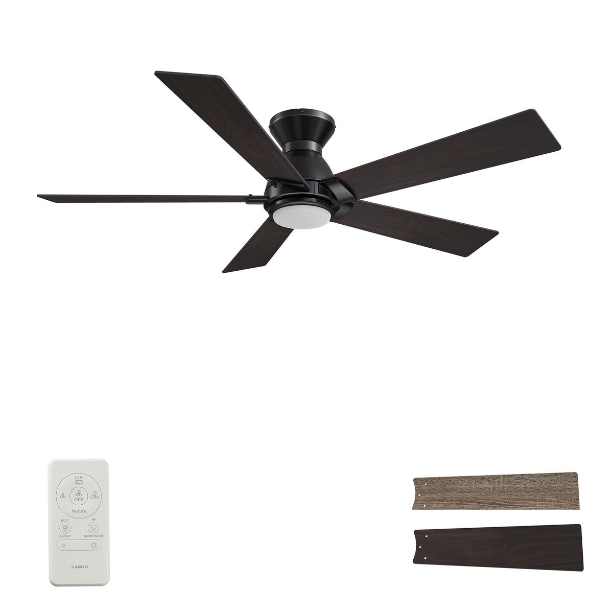 Carro ASCENDER 48 inch 5-Blade Flush Mount Smart Ceiling Fan with LED Light & Remote Control - Black/Walnut & Barnwood (Reversible Blades)