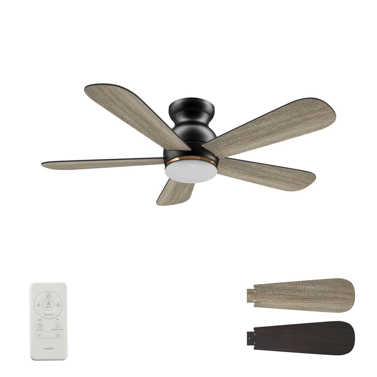Carro DUBOIS 48 inch 5-Blade Flush Mount Smart Ceiling Fan with LED Light Kit & Remote- Black/Walnut & Barnwood (Reversible Blades)