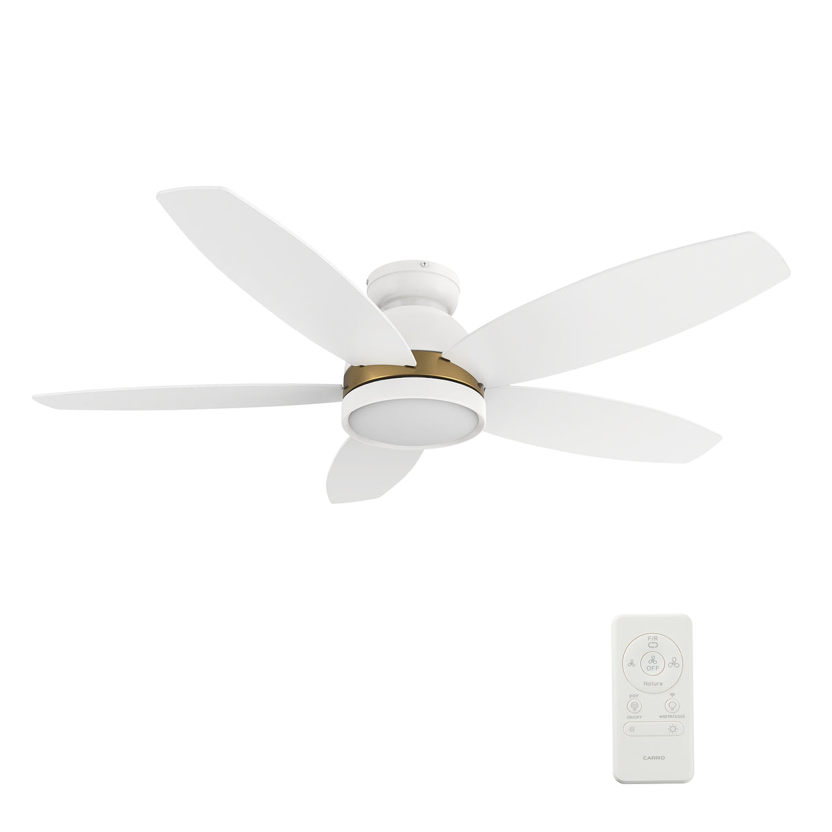Carro GRANVILLE 48 inch 5-Blade Flush Mount Smart Ceiling Fan with LED Light Kit & Remote- White/White (Gold Detail)