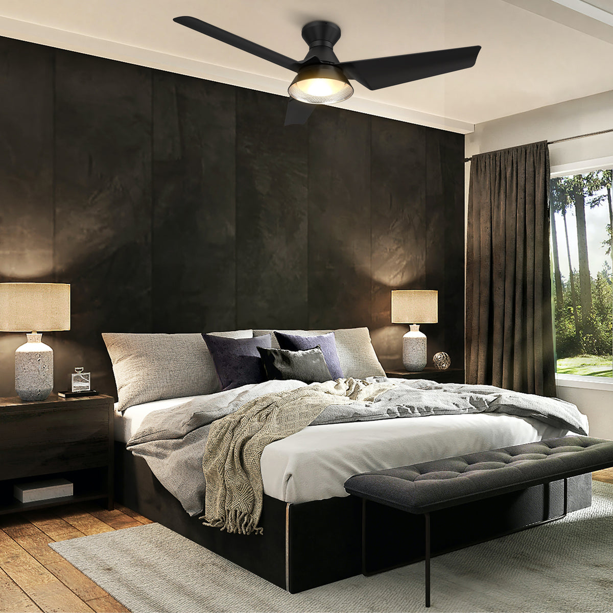 Carro Home KREIS 52 inch Flush Mount 3-Blade Smart Ceiling Fan with LED Light Kit & Remote - Black/Black Fan Blades