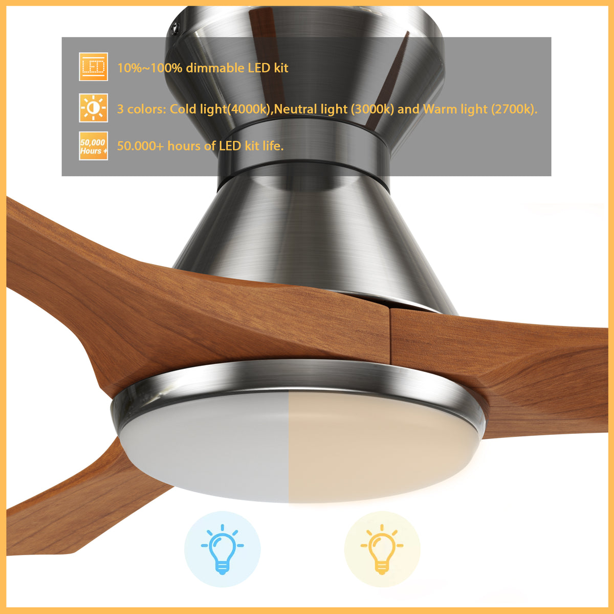 Carro NICOLET 52 inch 3-Blade Flush Mount Smart Ceiling Fan with LED Light Kit & Remote- Silver/Antique Walnut