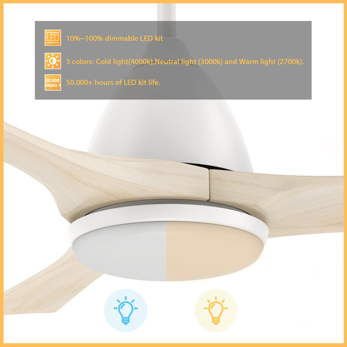 Carro PERRY 52 inch 3-Blade Smart Ceiling Fan with LED Light Kit & Remote- White/Whitewashed Walnut