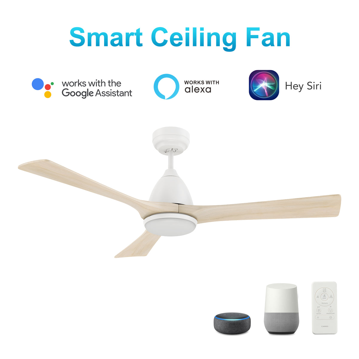 Carro PERRY 52 inch 3-Blade Smart Ceiling Fan with LED Light Kit & Remote- White/Whitewashed Walnut