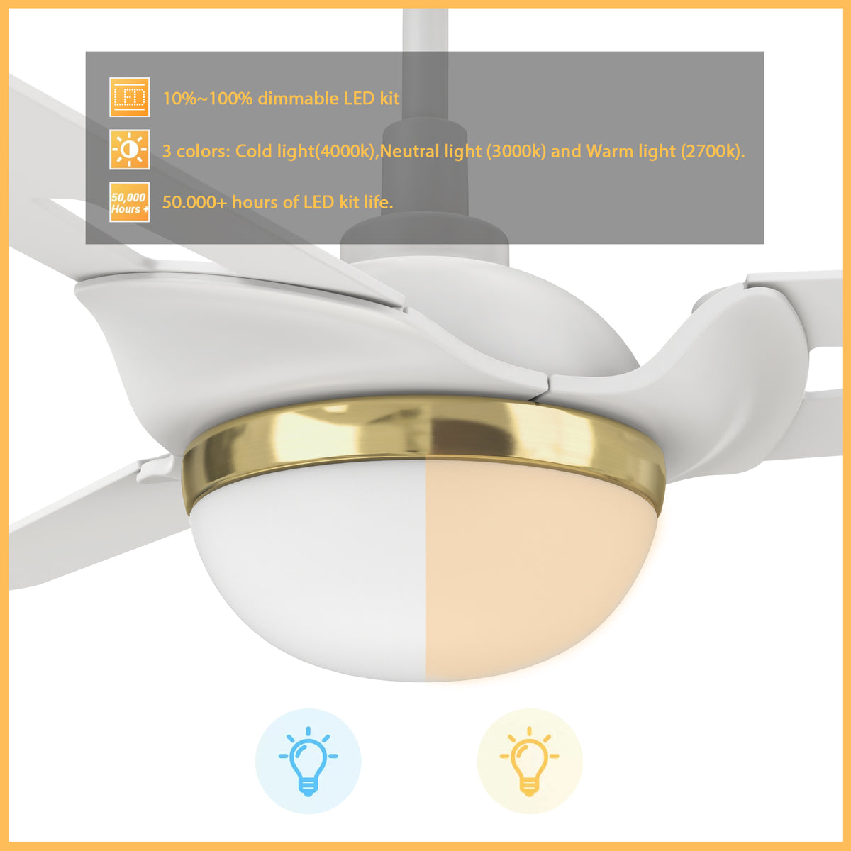 Carro BEDFORD 52 inch 3-Blade Smart Ceiling Fan with LED Light Kit & Remote Control- White/White (Gold Detail)