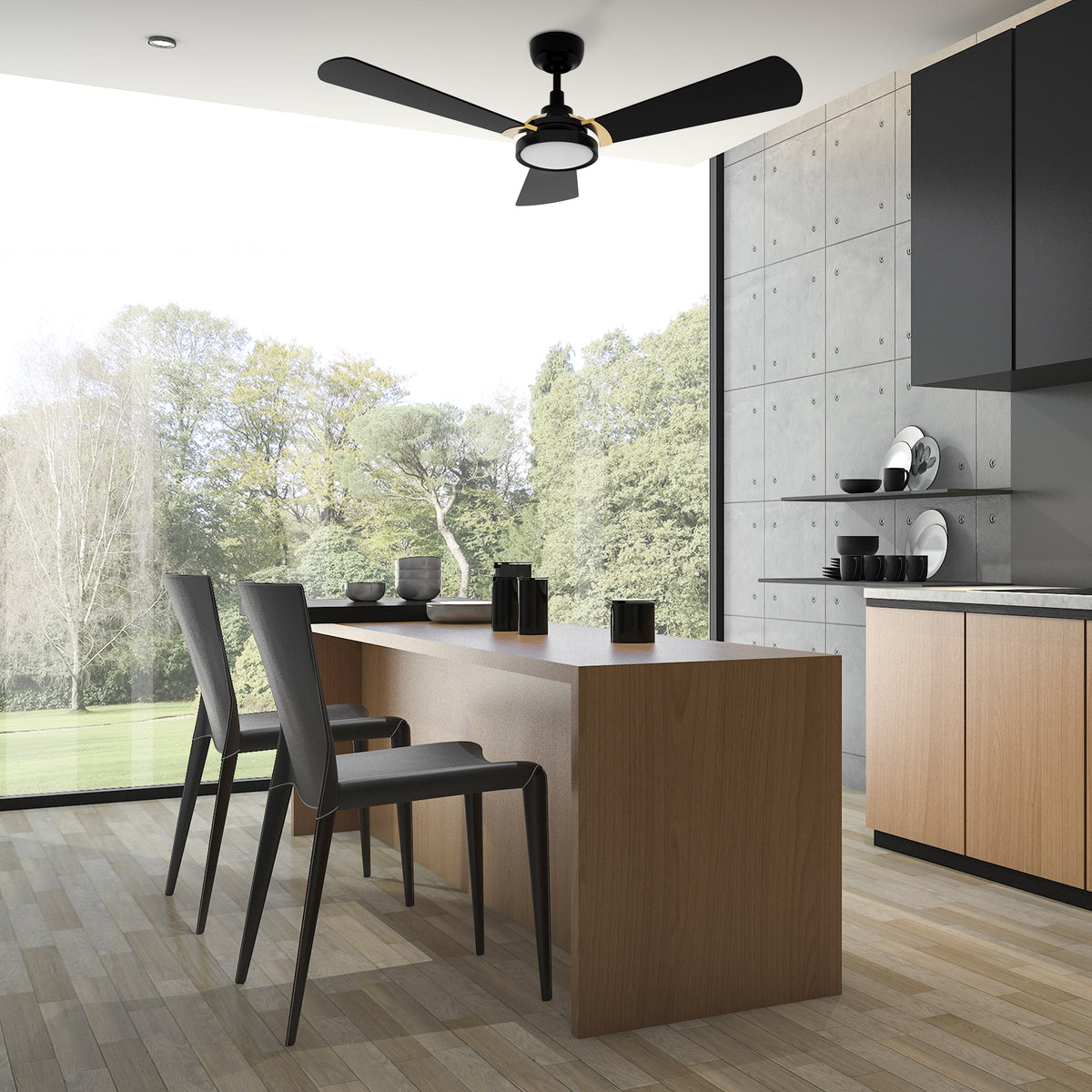 Carro Home BRISA 52 inch 3-Blade Smart Ceiling Fan with LED Light & Remote Control - Black/Black (Gold Details) Fan Blades