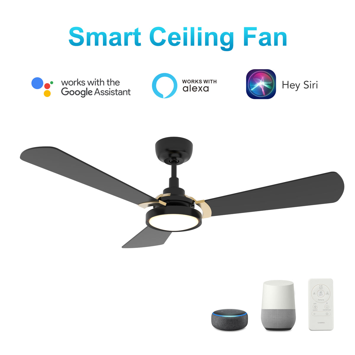 Carro Home BRISA 52 inch 3-Blade Smart Ceiling Fan with LED Light & Remote Control - Black/Black (Gold Details) Fan Blades