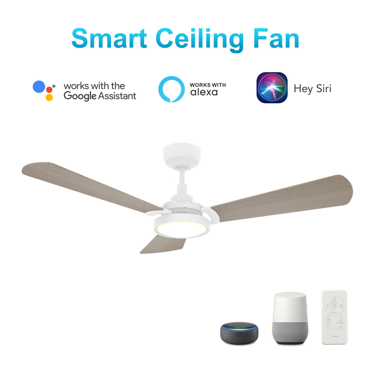 Carro Home BRISA 52 inch 3-Blade Smart Ceiling Fan with LED Light & Remote Control - White/Light Wood Fan Blades