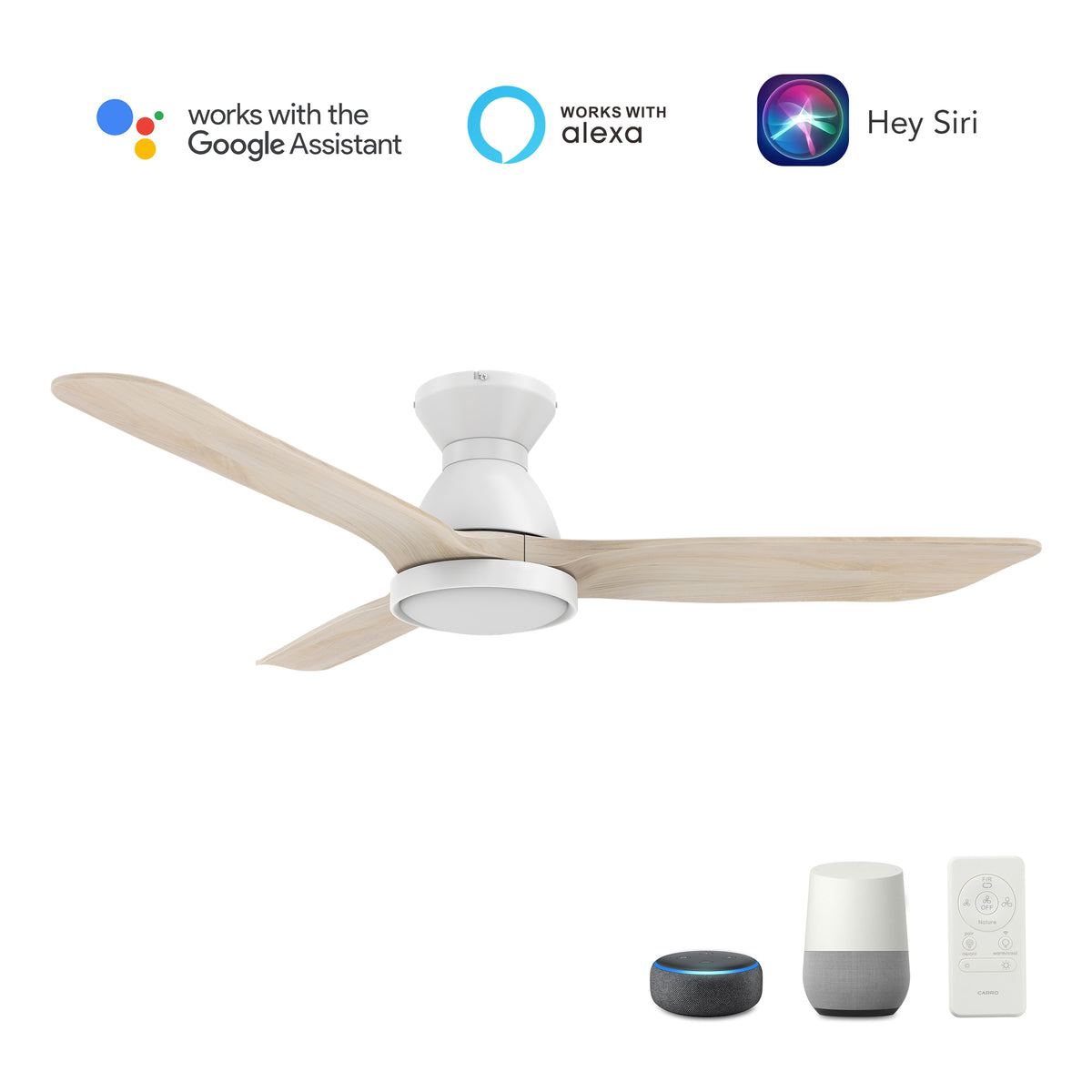 Carro JAARON 52 inch 3-Blade Flush Mount Smart Ceiling Fan with LED Light Kit & Remote- White/White Oak