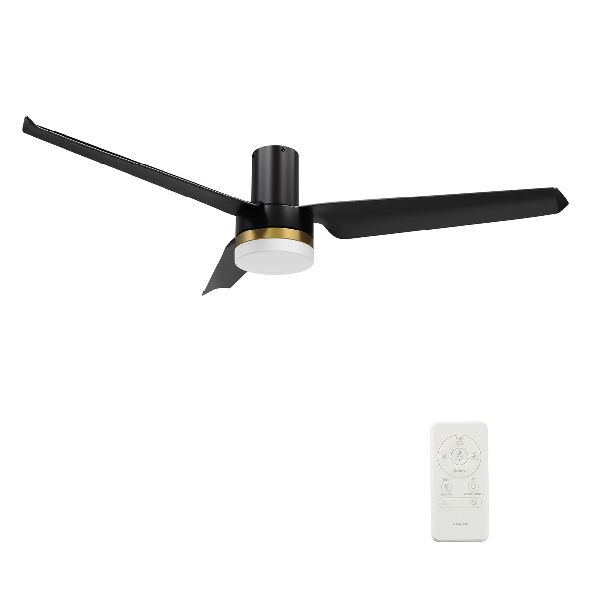 Carro USA BOISE 52 inch 3-Blade Flush Mount Smart Ceiling Fan with LED Light Kit & Remote - Black/Black(Gold Detail)
