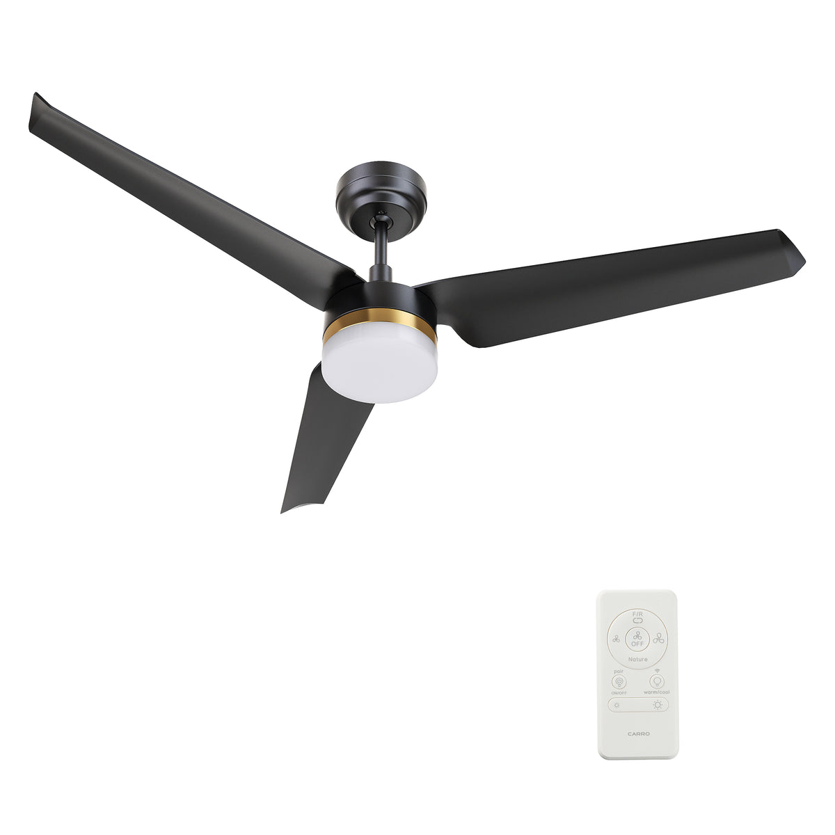 Carro ATTICUS 52 inch 3-Blade Smart Ceiling Fan with LED Light Kit & Remote Control- Black/Black (Gold Detail)