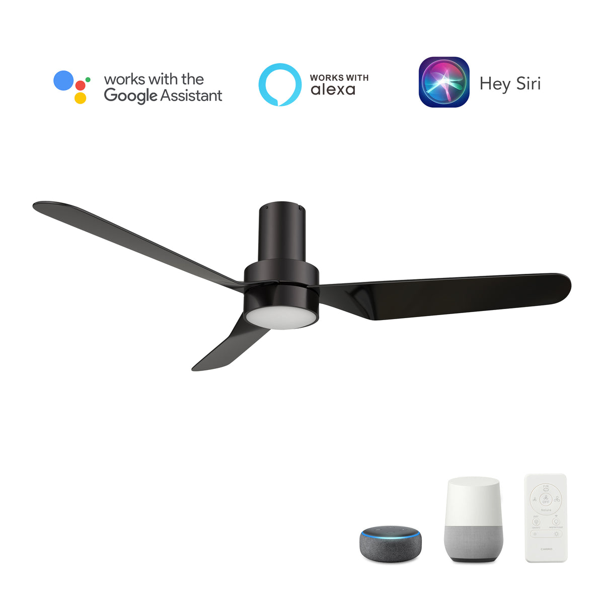 Carro MADRID 52 inch 3-Blade Flush Mount Smart Ceiling Fan with LED Light Kit & Remote- Black/Black