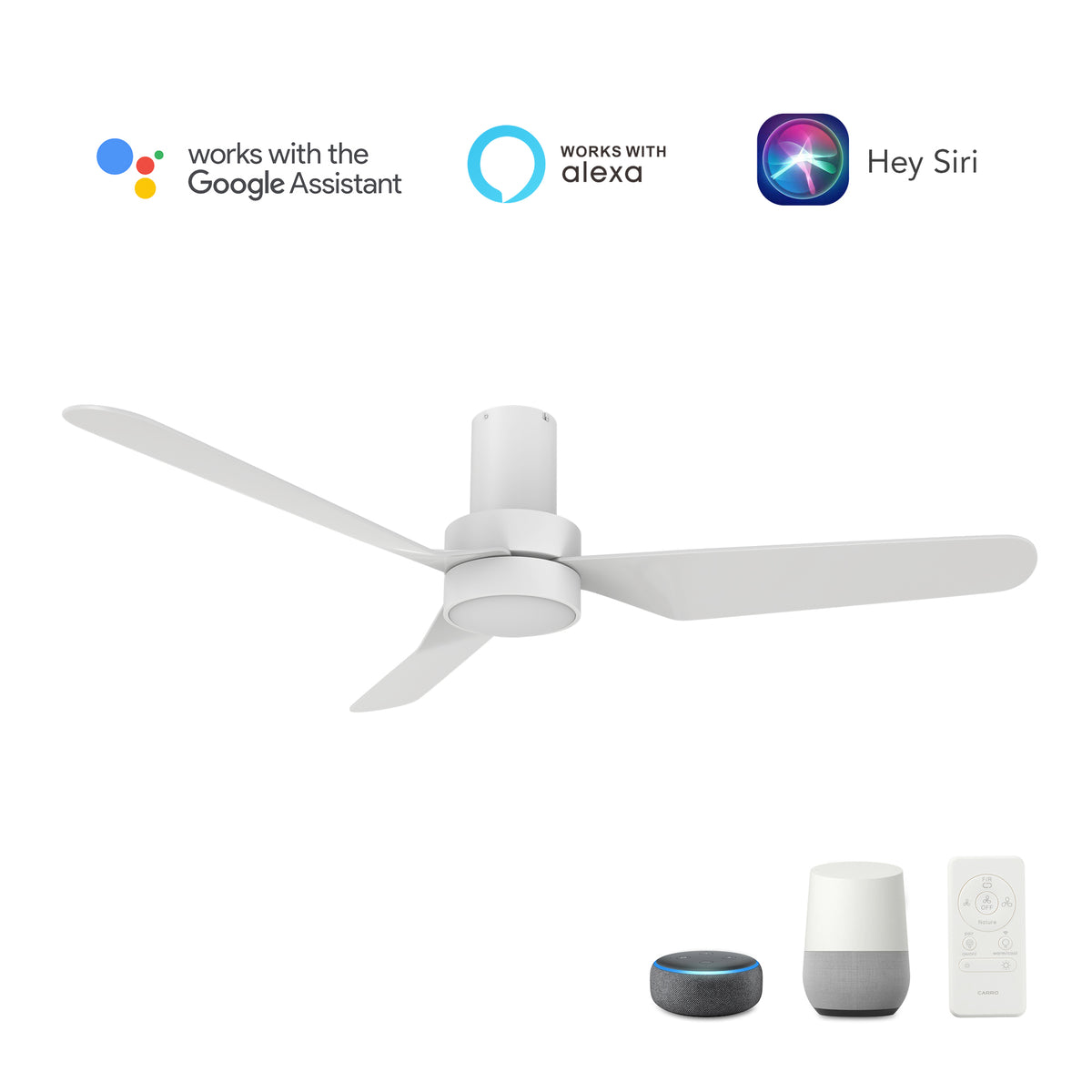 Carro MADRID 52 inch 3-Blade Flush Mount Smart Ceiling Fan with LED Light Kit & Remote- White/White