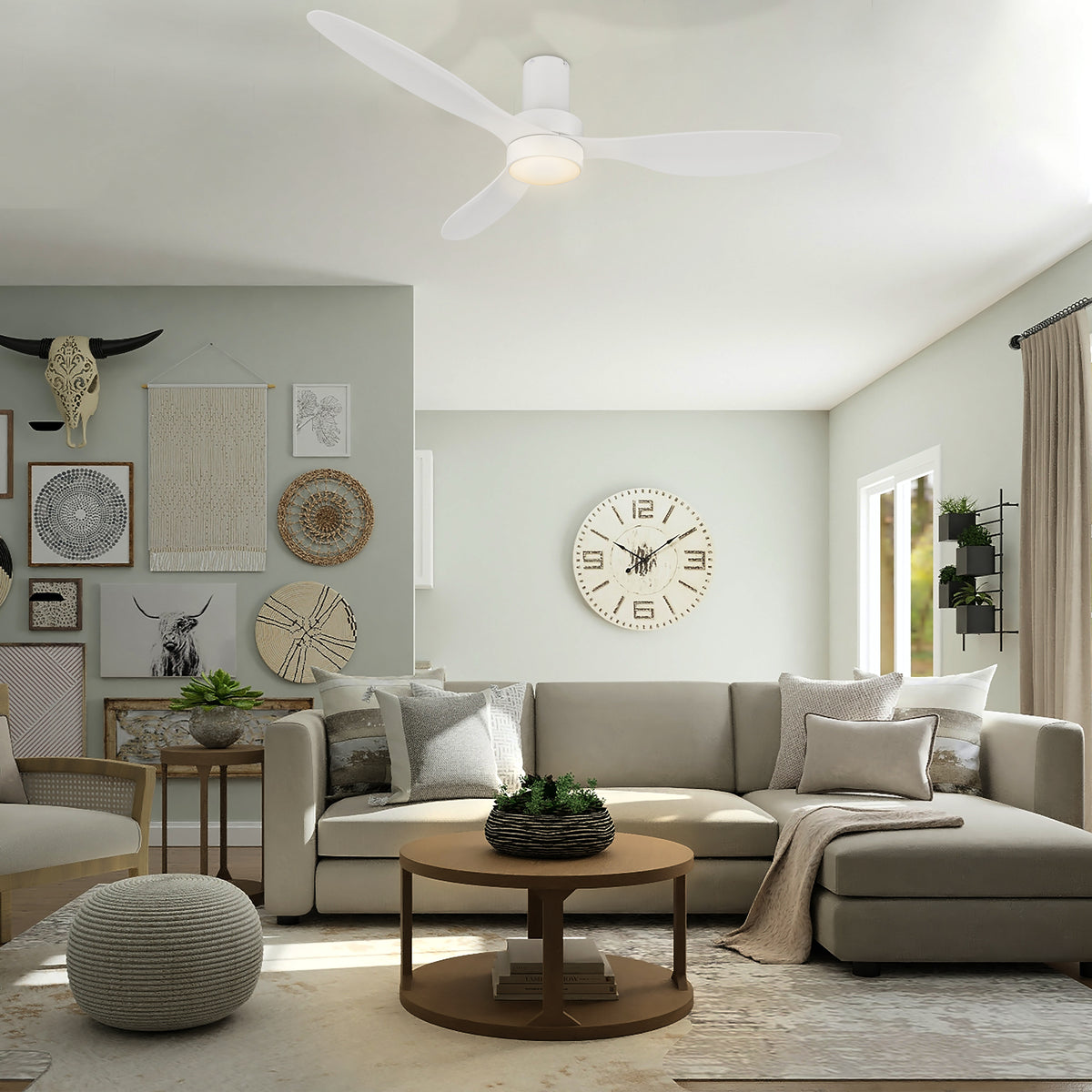Carro AURORA 52 inch 3-Blade Flush Mount Smart Ceiling Fan with LED Light Kit & Remote- White/White