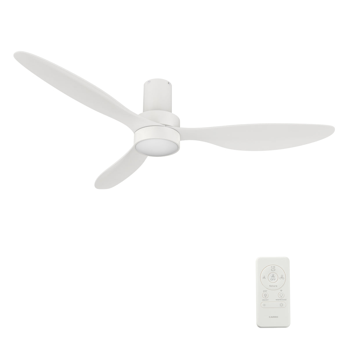 Carro AURORA 52 inch 3-Blade Flush Mount Smart Ceiling Fan with LED Light Kit & Remote- White/White