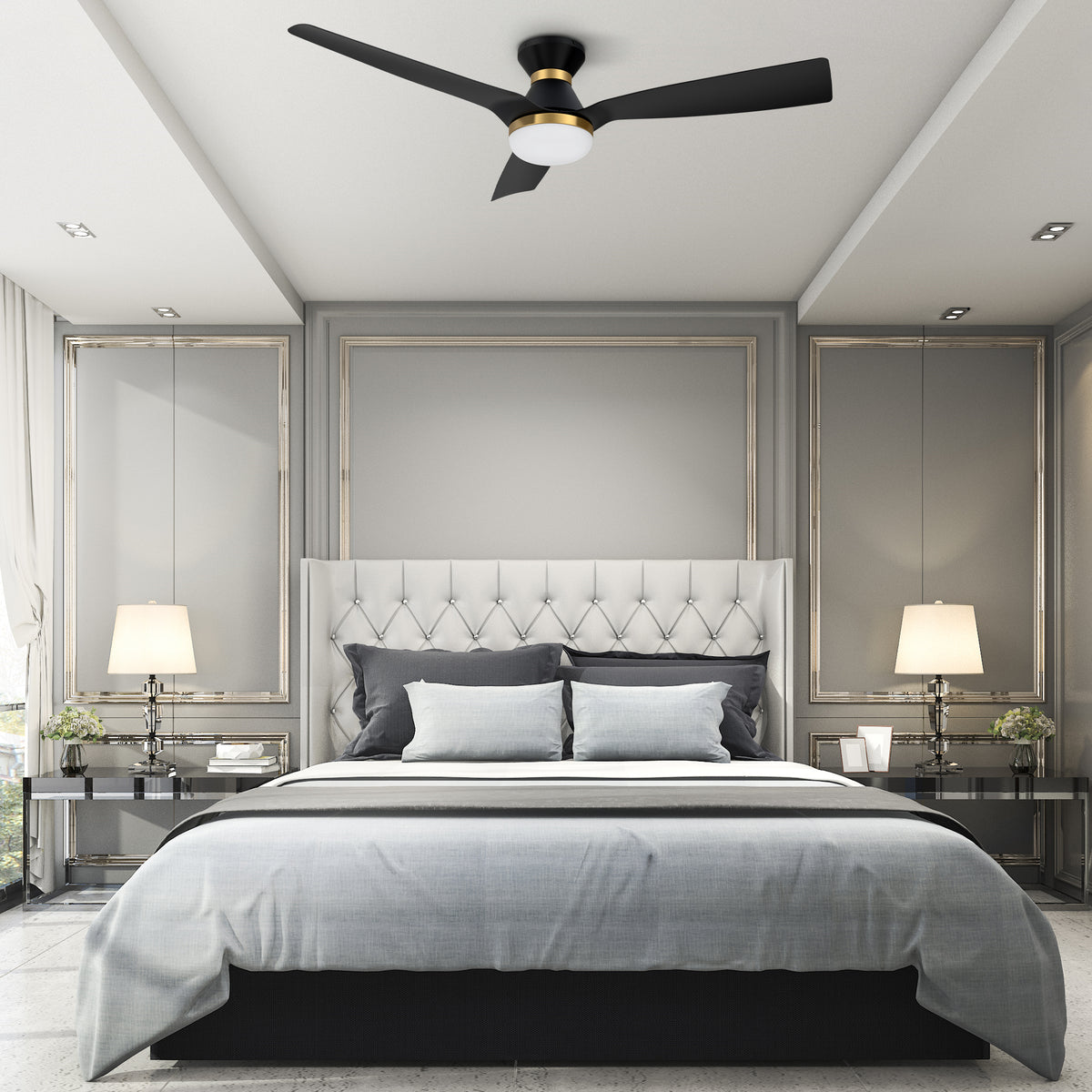 Carro SPEZIA 52 inch 3-Blade Flush Mount Smart Ceiling Fan with LED Light Kit & Remote - Black/Black (Gold Detail)