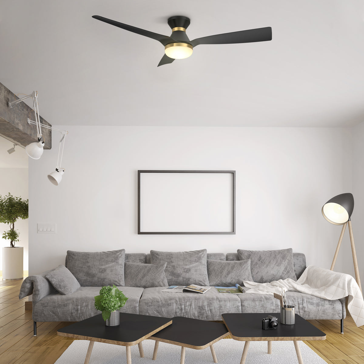Carro SPEZIA 52 inch 3-Blade Flush Mount Smart Ceiling Fan with LED Light Kit & Remote - Black/Black (Gold Detail)